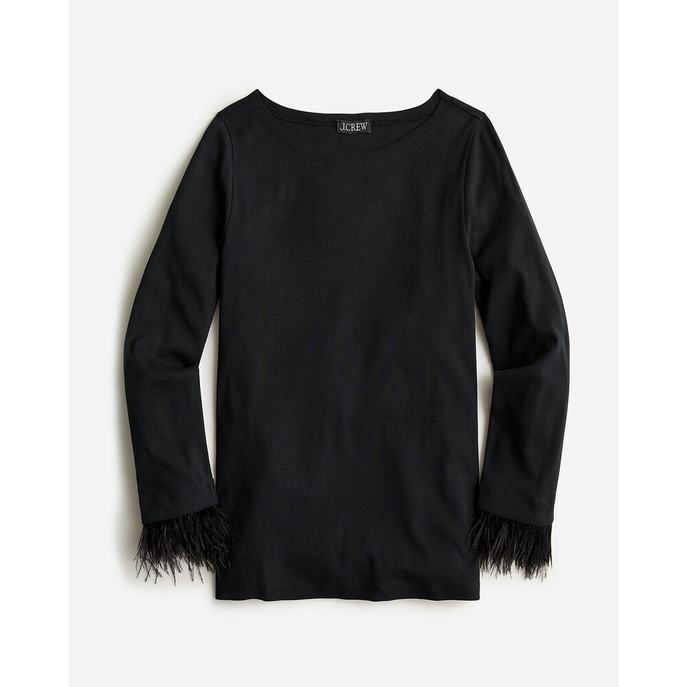 J Crew Feather Trim Black Long Sleeve Shirt Top NWT